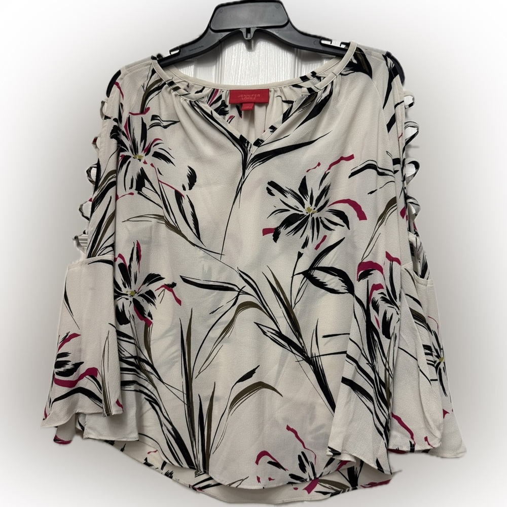 Jennifer Lopez Black and Pink Floral Cold Shoulder Blouse